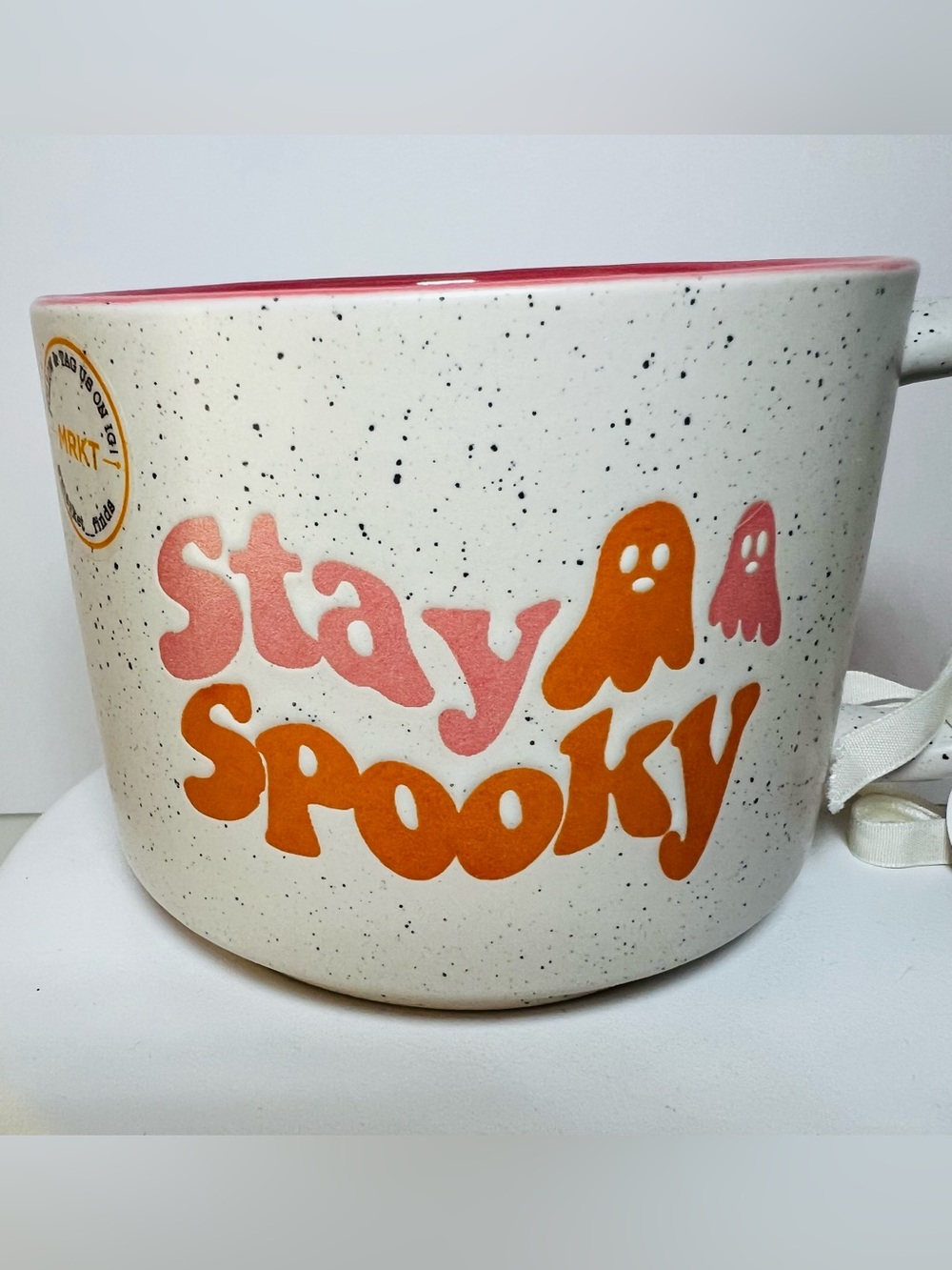Halloween Stay Spooky Ceramic Mug Ghosts Speckled Pink Orange Ghost Charm
